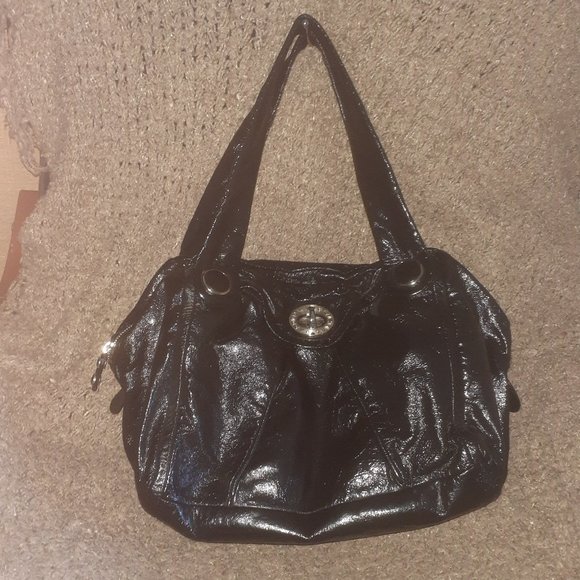 Marc by Marc Jacobs-Black Patent Crinkly Leather Hobo Turnlock-Large-Near Mint - Picture 1 of 7